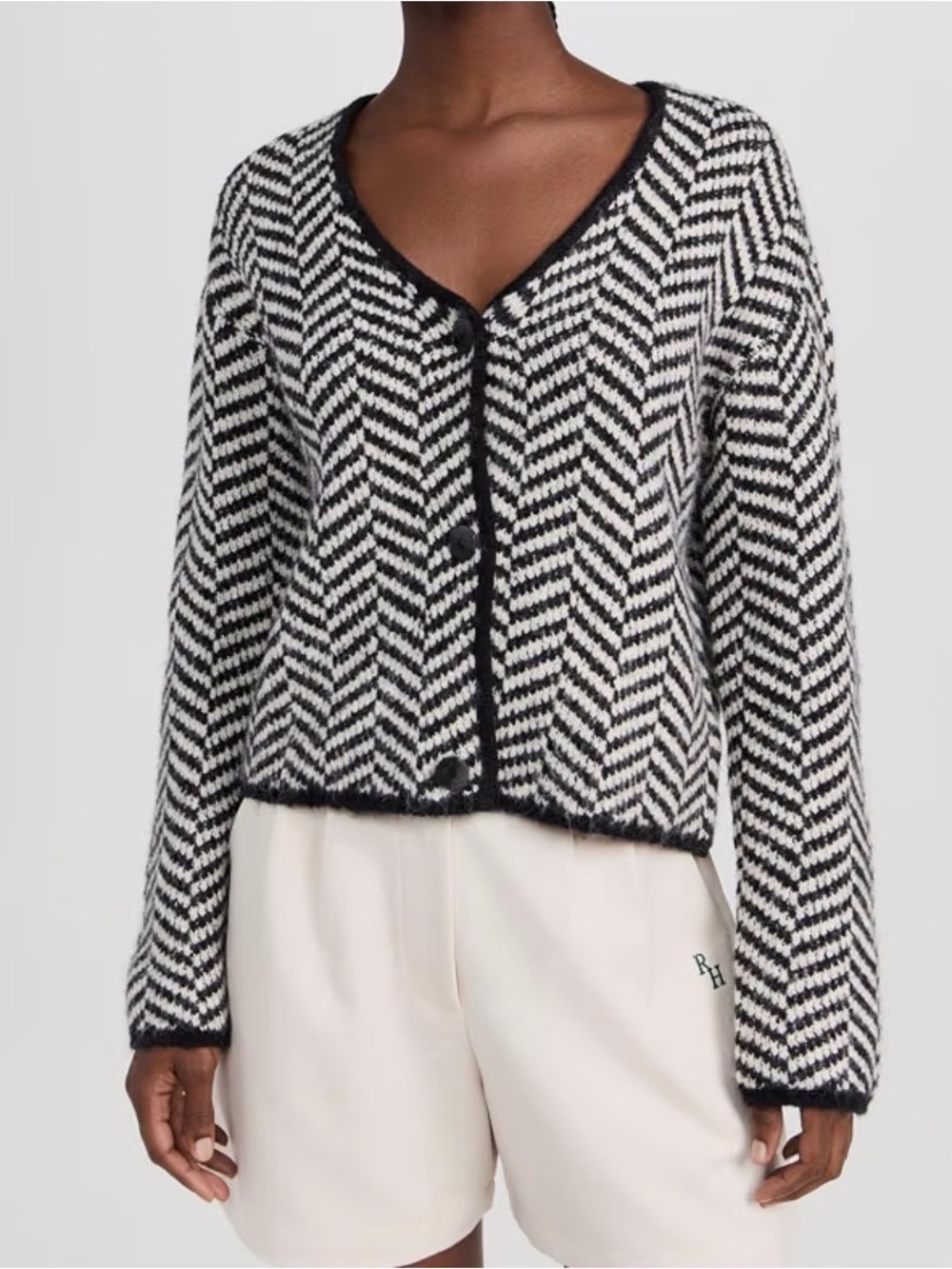 Black & White Chevron Button-Front V-Neck Cardigan